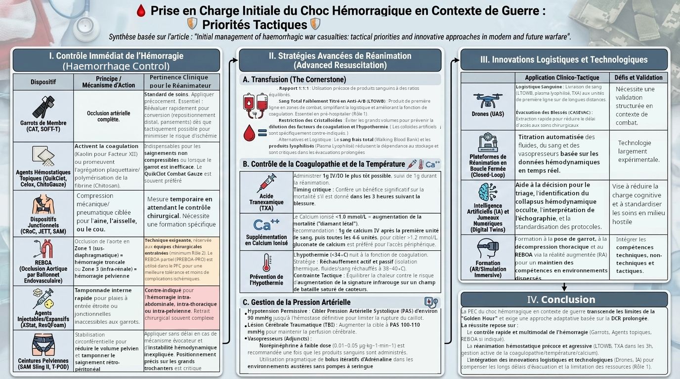 Prise en charge initiale du choc hémorragique en contextes de guerre. Priorités tactiques